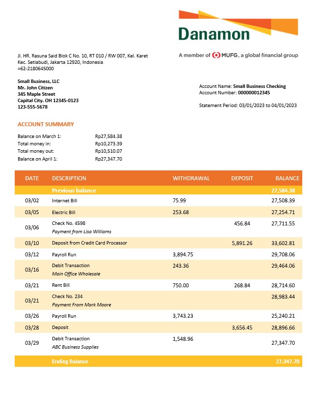 Modèle Word et PDF de relevé de compte d'entreprise de la Banque Danamon